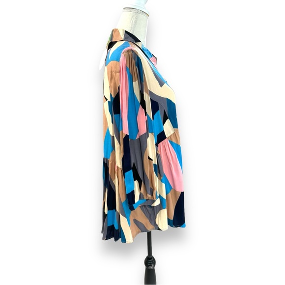 Umgee Plus Abstract Print 3/4 Puff Sleeve Button Up Collared BabyDoll Top - Picture 5 of 9